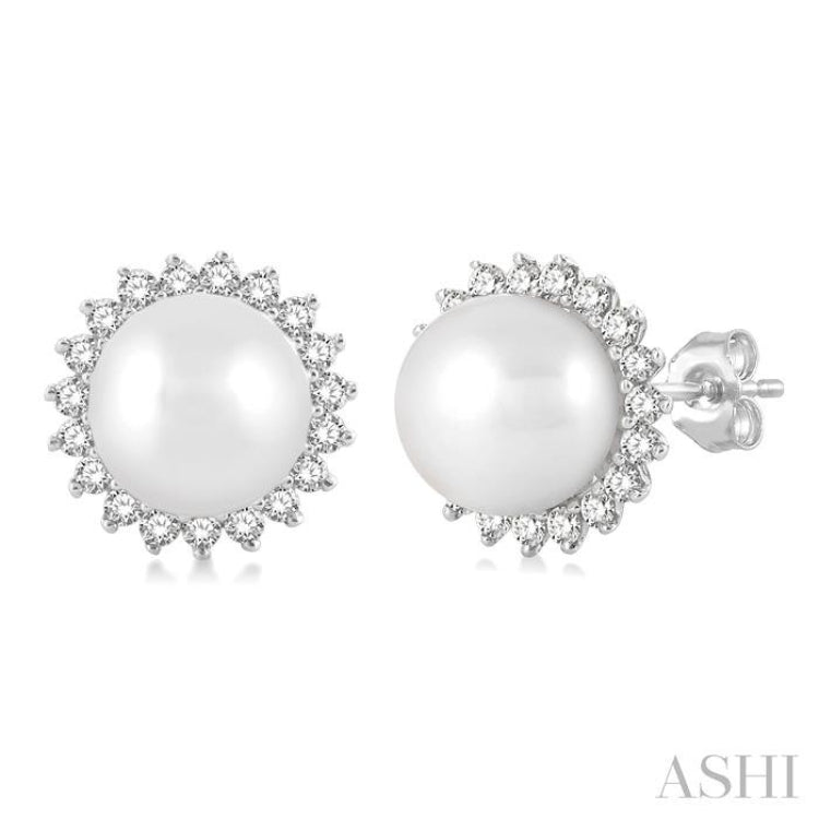 5.5 MM Round Shape Cultured Pearls and 1/6 Ctw Petite Sunflower Round Cut Diamond Fashion Stud Earrings in 10K White Gold