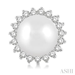 5.5 MM Round Shape Cultured Pearls and 1/6 Ctw Petite Sunflower Round Cut Diamond Fashion Stud Earrings in 10K White Gold