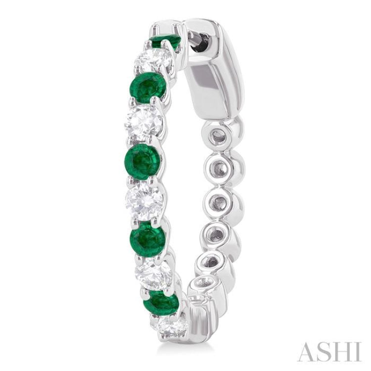 2.4 MM Round Shape Emerald and 5/8 Ctw Round Cut Diamond Precious Hoop Earrings in 14K White Gold