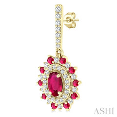 5x3 MM Oval Cut & 1.45 MM Round Cut Ruby and 1/3 Ctw Round Cut Diamond Precious Earrings in 14K Yellow Gold