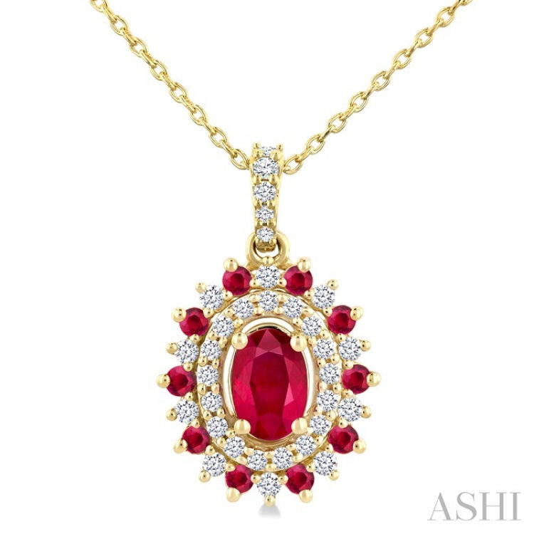 6X4 MM Oval Cut & 1.55 MM Round Cut Ruby and 1/4 Ctw Round Cut Diamond Floral Precious Pendant With Chain in 14K Yellow Gold