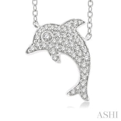 1/6 ctw Sealife Petite Dolphin Round Cut Diamond Fashion Pendant With Chain in 10K White Gold