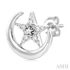1/10 Ctw Petite Crescent Moon and Star Round Cut Diamond Fashion Stud Earrings in 10K White Gold