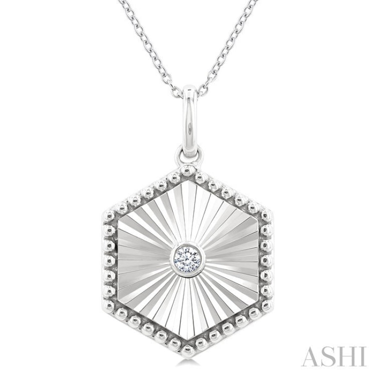 1/20 Ctw Hexagon fluted medallion Round Cut Diamond Pirouette Pendant With Chain in Sterling Silver