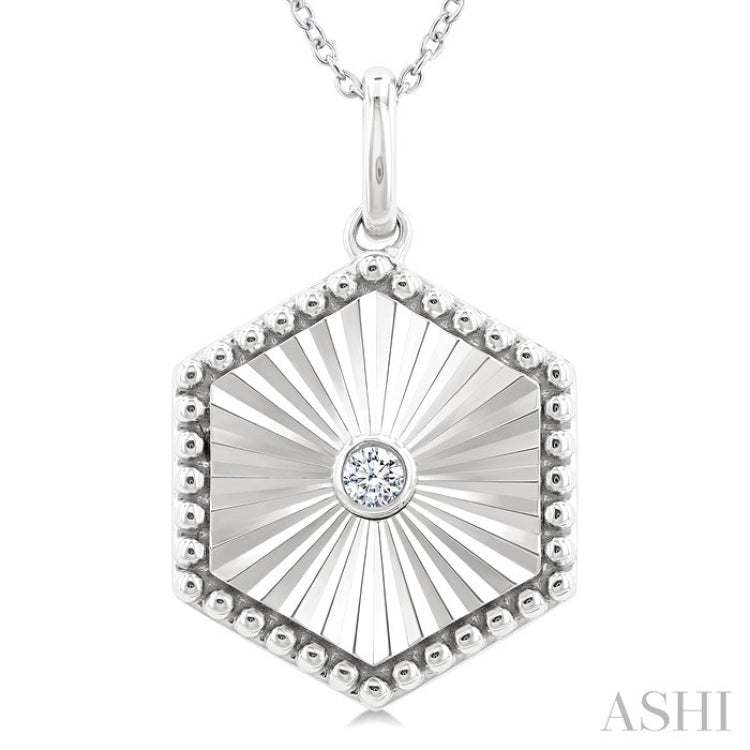 1/20 Ctw Hexagon fluted medallion Round Cut Diamond Pirouette Pendant With Chain in Sterling Silver