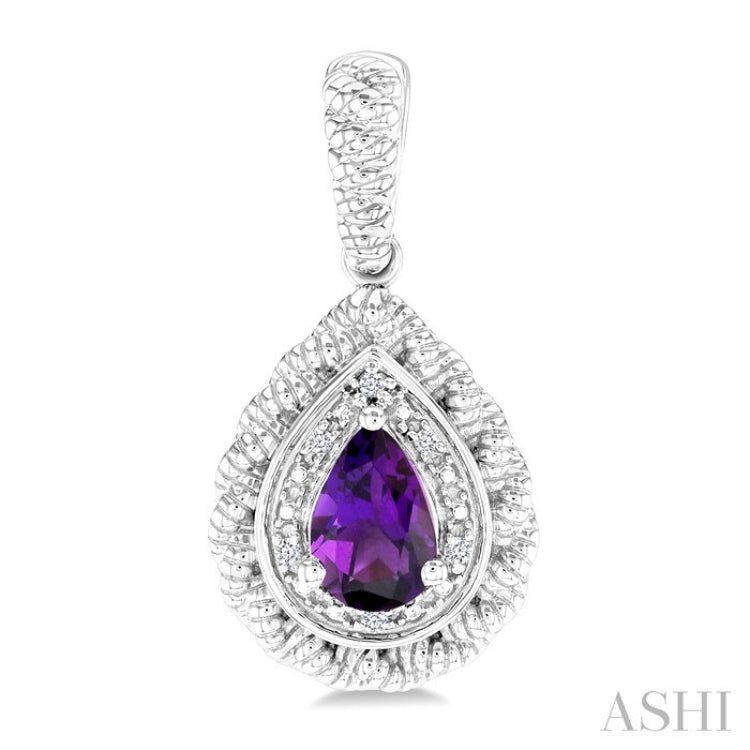 6X4 MM Pear Cut Amethyst and 1/20 Ctw Round Cut Diamond Semi-Precious Earrings in Sterling Silver