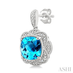 8X8 MM Cushion Shape Blue Topaz and 1/20 Ctw Round Cut Diamond Semi-Precious Earrings in Sterling Silver
