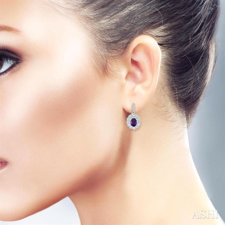 7X5 MM Oval Cut Amethyst and 1/20 Ctw Round Cut Diamond Semi-Precious Earrings in Sterling Silver