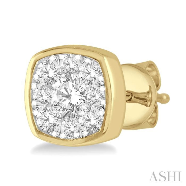 1/3 Ctw Cushion Shape Round Cut Diamond Lovebright Bezel Stud Earrings in 14K Yellow and White Gold