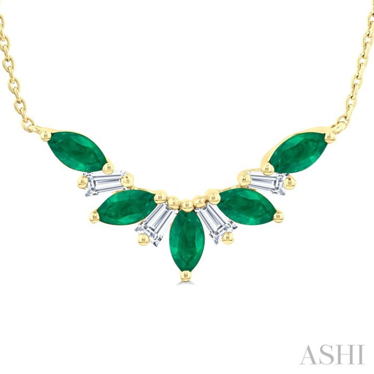 5x2.5 MM Marquise Cut Emerald and 1/6 Ctw Baguette Cut Diamond Precious Gemstone Necklace in 14K Yellow Gold