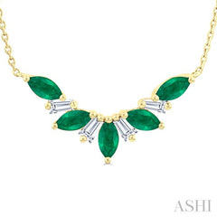 5x2.5 MM Marquise Cut Emerald and 1/6 Ctw Baguette Cut Diamond Precious Gemstone Necklace in 14K Yellow Gold