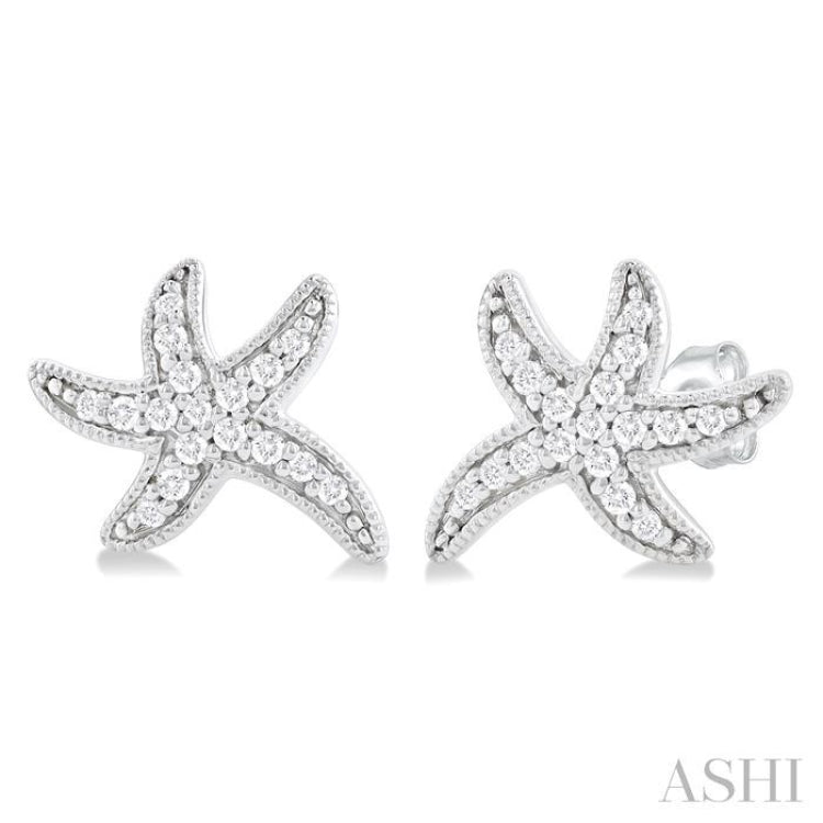 1/8 Ctw Petite Milgrain Starfish Round Cut Diamond Fashion Stud Earrings in 10K White Gold