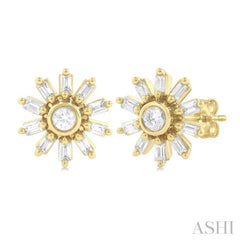 1/4 Ctw Petite Wheel Baguette and Round Cut Diamond Fashion Stud Earrings in 10K Yellow Gold