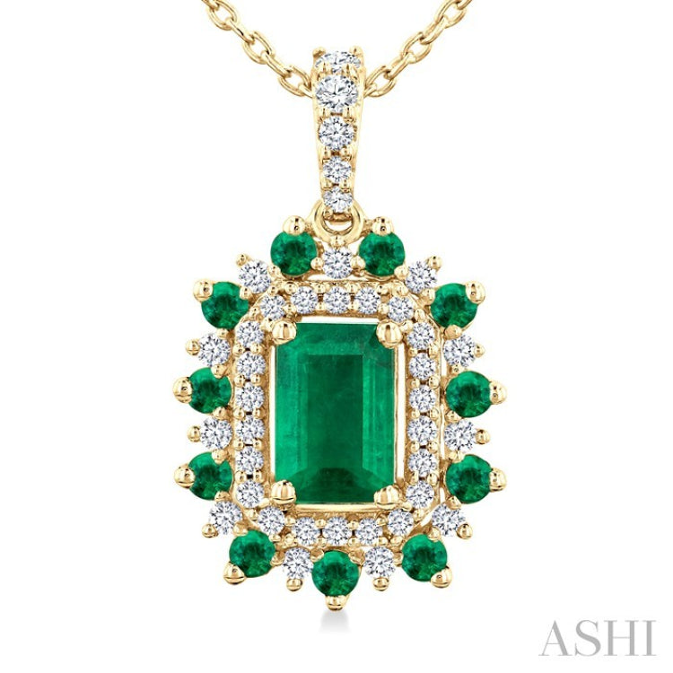 6X4 MM Emerald Cut & 1.55 MM Round Cut Emerald and 1/5 Ctw Round Cut Diamond Floral Precious Pendant With Chain in 14K Yellow Gold