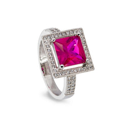 Platinum Finish Sterling Silver Micropave Simulated Ruby Princess Cut Ring 