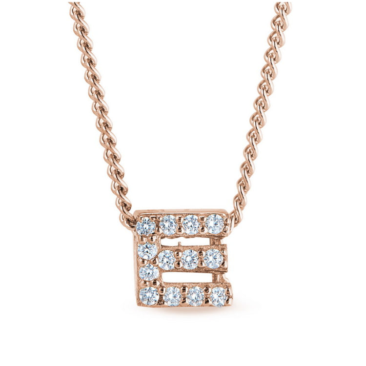 Rose gold finish sterling silver micropave e initial pendant with simulated diamonds on 18 curb chain