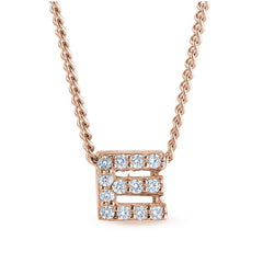 Rose gold finish sterling silver micropave e initial pendant with simulated diamonds on 18 curb chain