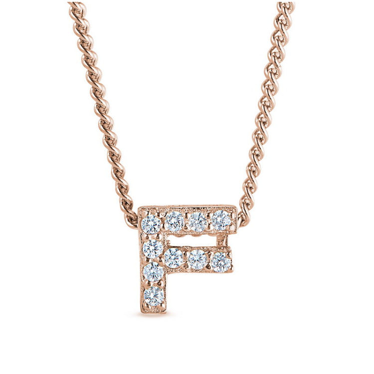 Rose gold finish sterling silver micropave f initial pendant with simulated diamonds on 18 curb chain