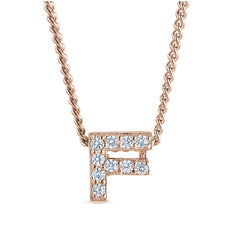 Rose gold finish sterling silver micropave f initial pendant with simulated diamonds on 18 curb chain