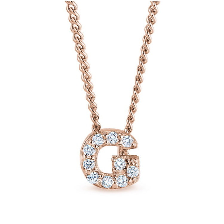 Rose gold finish sterling silver micropave g initial pendant with simulated diamonds on 18 curb chain