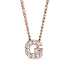 Rose gold finish sterling silver micropave g initial pendant with simulated diamonds on 18 curb chain