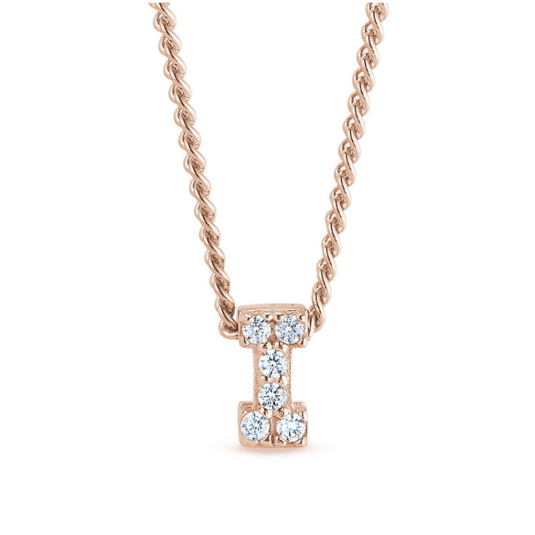Rose gold finish sterling silver micropave i initial pendant with simulated diamonds on 18 curb chain