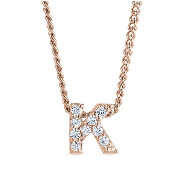 Rose gold finish sterling silver micropave k initial pendant with simulated diamonds on 18 curb chain