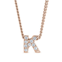 Rose gold finish sterling silver micropave k initial pendant with simulated diamonds on 18 curb chain