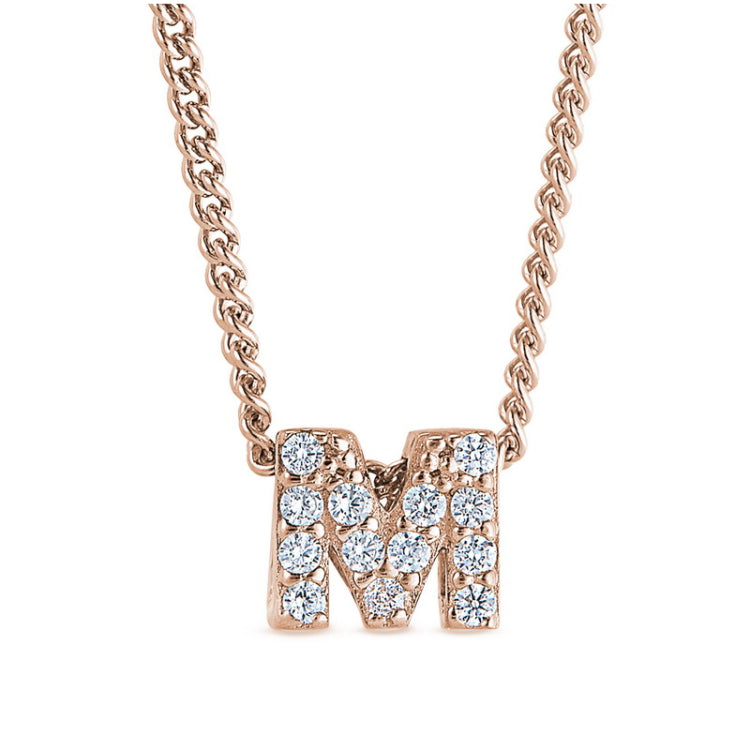Rose gold finish sterling silver micropave m initial pendant with simulated diamonds on 18 curb chain