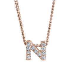 Rose gold finish sterling silver micropave n initial pendant with simulated diamonds on 18 curb chain