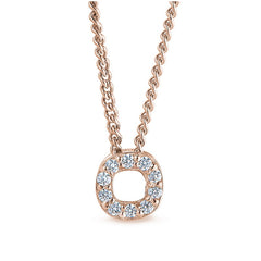 Rose gold finish sterling silver micropave o initial pendant with simulated diamonds on 18 curb chain