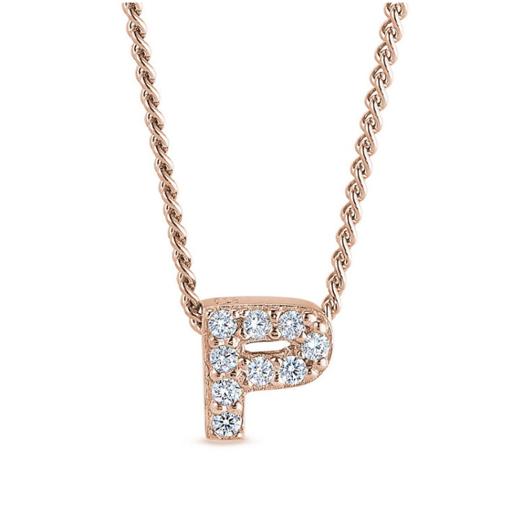 Rose gold finish sterling silver micropave p initial pendant with simulated diamonds on 18 curb chain