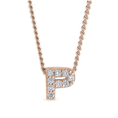 Rose gold finish sterling silver micropave p initial pendant with simulated diamonds on 18 curb chain