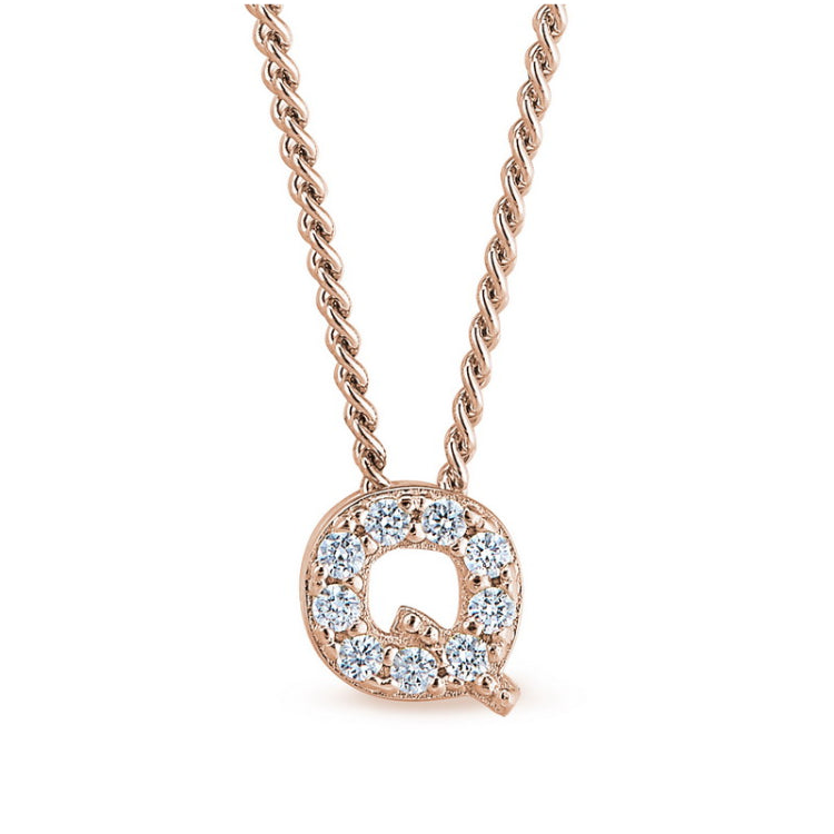 Rose gold finish sterling silver micropave q initial pendant with simulated diamonds on 18 curb chain