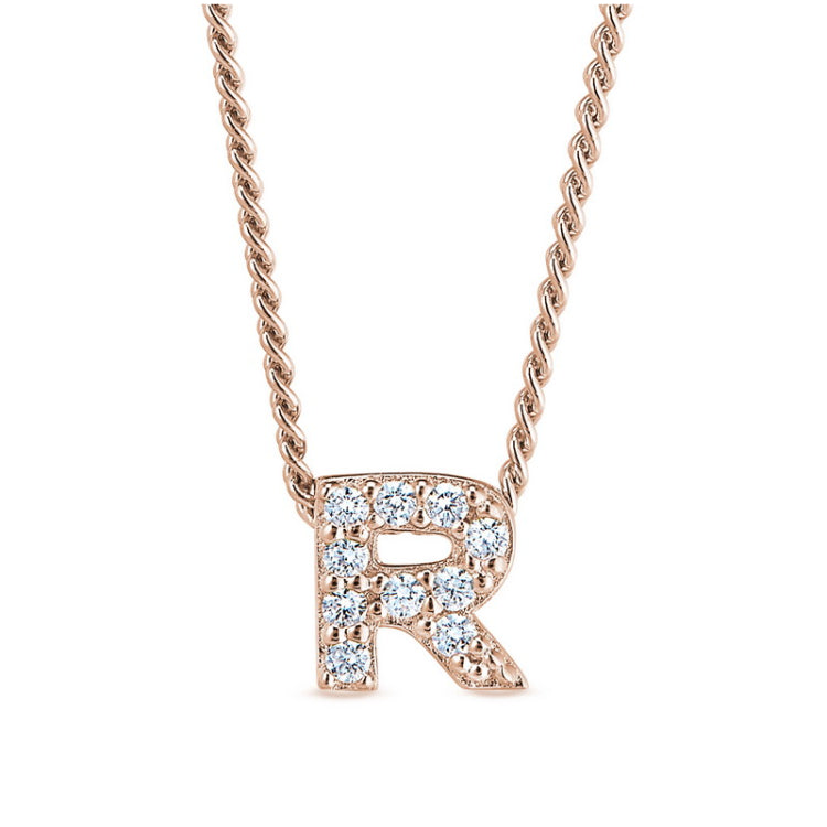 Rose gold finish sterling silver micropave r initial pendant with simulated diamonds on 18 curb chain