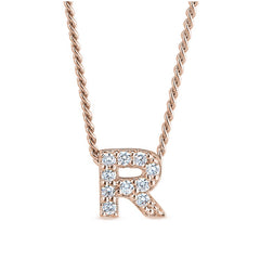Rose gold finish sterling silver micropave r initial pendant with simulated diamonds on 18 curb chain