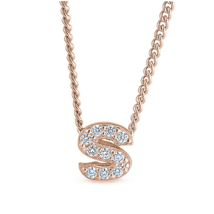 Rose gold finish sterling silver micropave s initial pendant with simulated diamonds on 18 curb chain