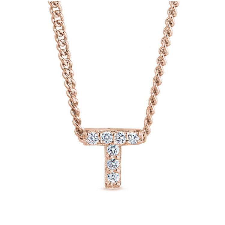 Rose gold finish sterling silver micropave t initial pendant with simulated diamonds on 18 curb chain