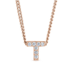 Rose gold finish sterling silver micropave t initial pendant with simulated diamonds on 18 curb chain