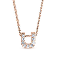 Rose gold finish sterling silver micropave u initial pendant with simulated diamonds on 18 curb chain