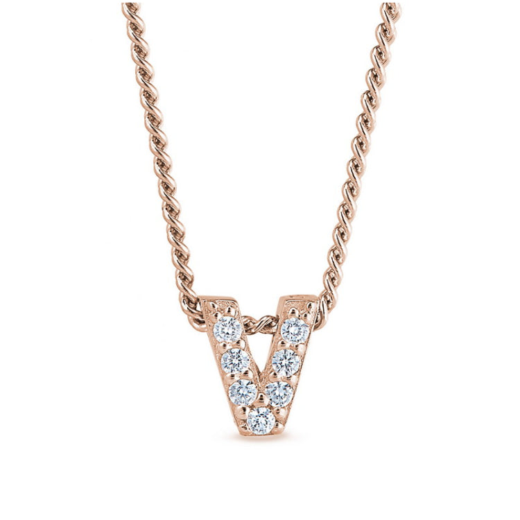 Rose gold finish sterling silver micropave v initial pendant with simulated diamonds on 18 curb chain