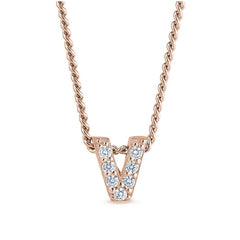 Rose gold finish sterling silver micropave v initial pendant with simulated diamonds on 18 curb chain