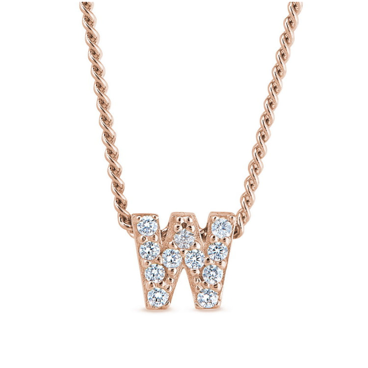 Rose gold finish sterling silver micropave w initial pendant with simulated diamonds on 18 curb chain