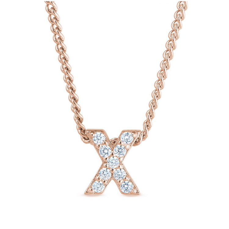 Rose gold finish sterling silver micropave x initial pendant with simulated diamonds on 18 curb chain