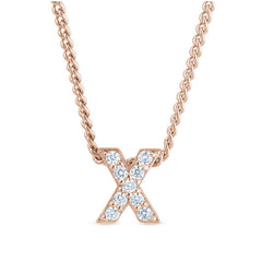Rose gold finish sterling silver micropave x initial pendant with simulated diamonds on 18 curb chain