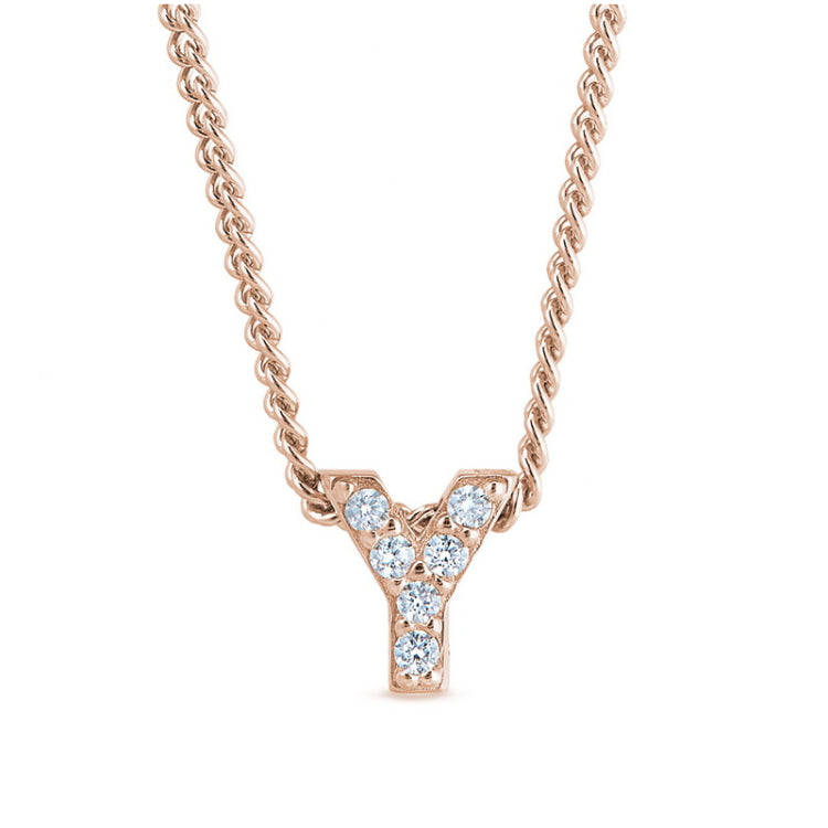 Rose gold finish sterling silver micropave y initial pendant with simulated diamonds on 18 curb chain