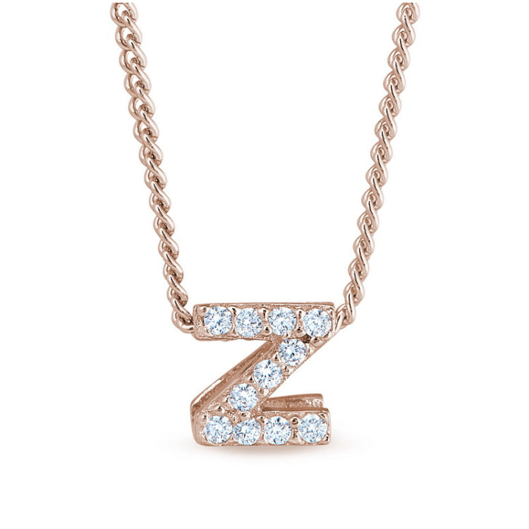 Rose gold finish sterling silver micropave z initial pendant with simulated diamonds on 18 curb chain