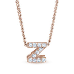 Rose gold finish sterling silver micropave z initial pendant with simulated diamonds on 18 curb chain