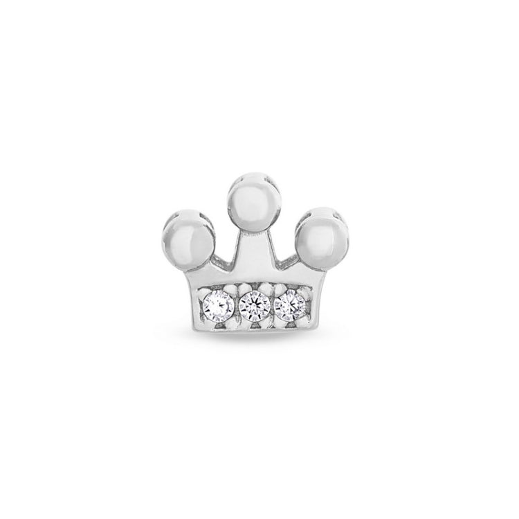 Platinum Finish Sterling Silver Crown Charm with Simulated Diamonds