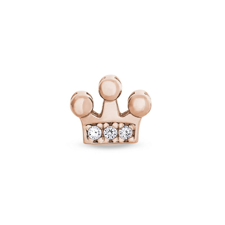 Rose gold finish sterling silver crown charm with simulated diamonds
